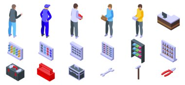 Adam alet kutusu simgeleri alıyor. Müşteriler ve işçiler, çeşitli ürünleri olan bir hırdavatçıda araç seçiyorlar.