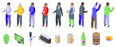 Erkek bira ikonu seti. İnsanların bira içtiği, futbol maçı izlediği ve barda abur cubur yediği izometrik ikonlar.