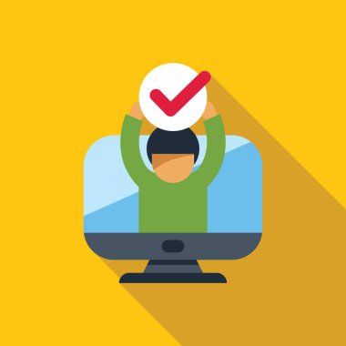 Bir masaüstü bilgisayar ekranı içinde çevrimiçi başarıyı simgeleyen bir kontrol işareti tutuyor