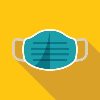 Tıbbi maske, virüsün yayılmasını önlüyor, sarı arka planda uzun bir gölge var.