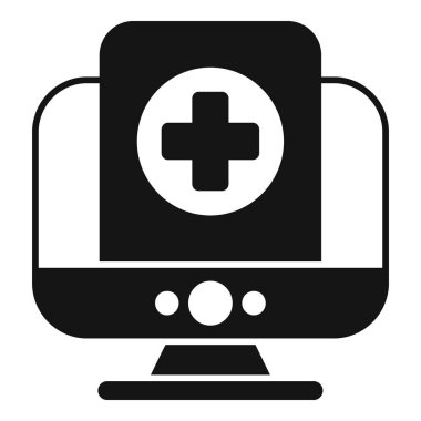 Ekranda çapraz simge gösteren çevrimiçi tıbbi konsültasyon için siyah simge