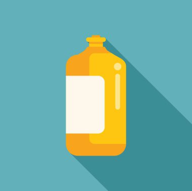 Damgalamak için boş etiketli sarı şişe ambalajlama, uzun gölgeli turkuaz arka planda izole