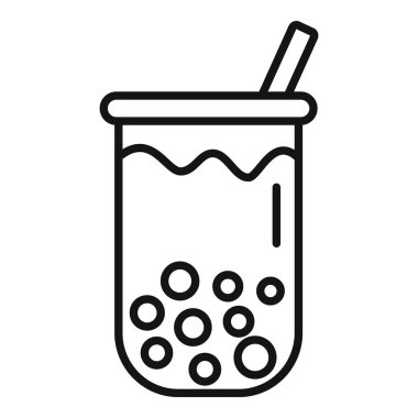 Tapyoka incileri ve pipetle doldurulmuş balonlu çayla dolu plastik bir fincanın çizgi çizimi