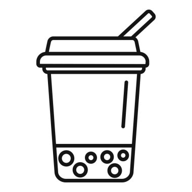 Siyah ve beyaz çizgi sanatı bir kamışlı balonlu çay fincanı, alttaki boba incilerini gösteriyor.