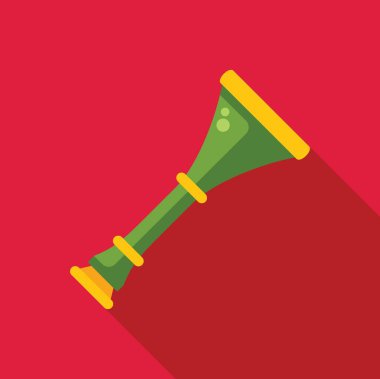 Yeşil trompet düz tasarım tarzında kırmızı bir arka planda yatıyor