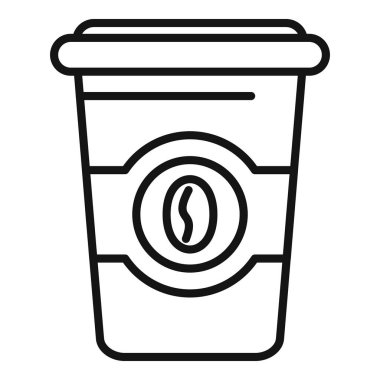 Kahve çekirdeği logosu olan tek kullanımlık kahve fincanının çizgili sanat simgesi. Kahve ve içecekleri temsil etmek için ideal.