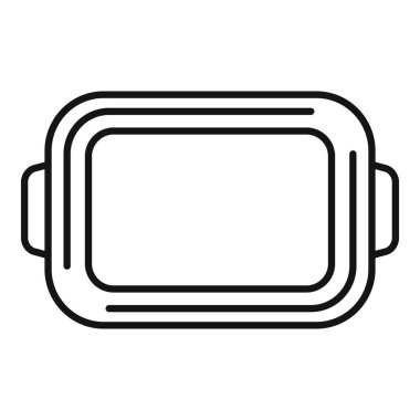 Beyaz arkaplanda izole edilmiş, saplı dikdörtgen pişirme tepsisinin siyah ana hatları