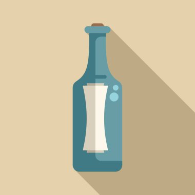 Yuvarlanmış kağıt bir mesaj içeren cam şişe uzun bir gölgeyle bej bir arka planın önünde duruyor.