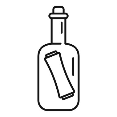 Bir mesajın basit çizimi bir şişeye sarılmış, iletişim, gizem ve macera temalarını çağrıştırıyor.