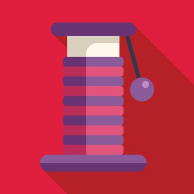 Mor bir kedi çizim tahtası, asılı duran bir top oyuncağı, kedi eğlencesi ve refahı.