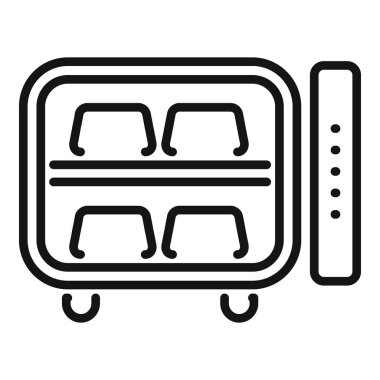 Raflı profesyonel bir mutfak aletinin çizgi simgesi. Yemeği sıcaklıkta tutuyor.