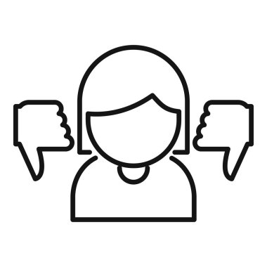 Her iki tarafında iki başparmak aşağı simge olan bir kadının basit simgesi, olumsuz geri bildirim ya da onaylamamayı temsil ediyor.