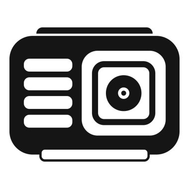 Lens ve yan düğmeleri gösteren bir aksiyon kamerasının siyah beyaz simgesi