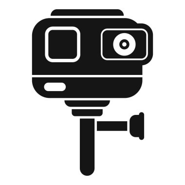 Bir aksiyon kamerasının siyah silueti güvenli bir şekilde selfie çubuğuna bağlanmış, maceraya hazır.