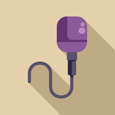 Podcast ve yayın için modern mor mikrofon uzun gölgeli bej bir arkaplanda asılı.