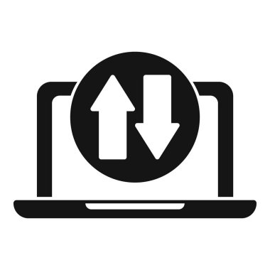 Gönderme ve indirme sembolü olan bir dizüstü bilgisayarı temsil eden basit bir simge, veri transferi projeleri için mükemmel