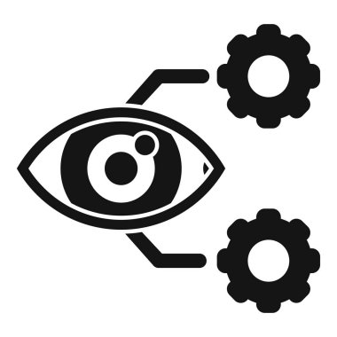 Yapay zeka kavramını temsil eden dişlilere bağlı siyah beyaz bir göz simgesi