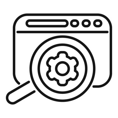 Büyüteç, web sitesi optimizasyonunu ve gelişmiş performans ayarlarını temsil eden, vites sembollü bir web sayfasını analiz ediyor