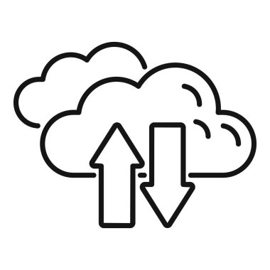 Bulut hesaplamalarında veri transferini temsil eden yukarı ve aşağı okları olan basit ve kalın çizgi simgesi