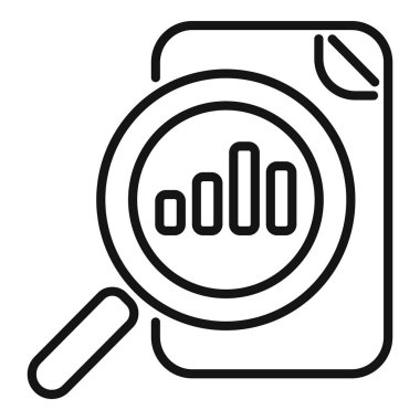 Büyüyen bir bar tablosu ile finansal bir belgeyi analiz eden büyüteç çizgisi simgesi, iş analizi ve finansal başarıyı temsil eden