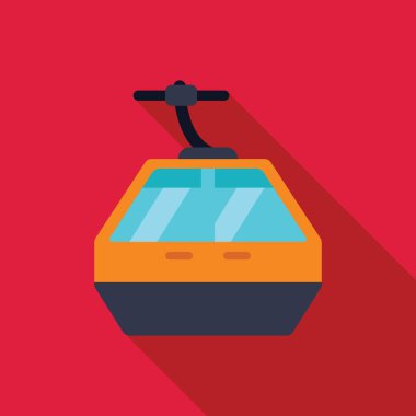 Asılı sarı bir teleferiğin minimalist düz tasarım çizimi. Katı kırmızı arka planda izole edilmiş.