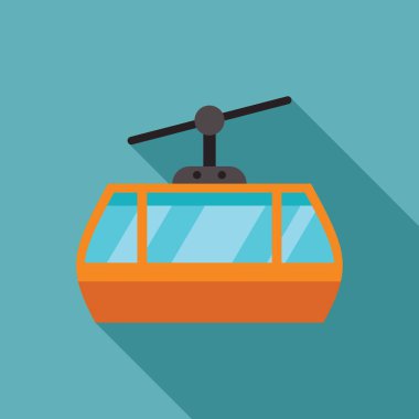 Turuncu teleferik yukarı doğru hareket ediyor. Uzun gölgeli düz bir şekilde tasarlanmış.