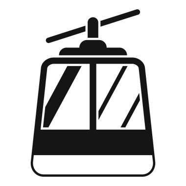 Bir teleferik kulübesinin siyah beyaz simgesi bir dağa tırmanıyor ve turistlere manzaralı manzaralar sunuyor.