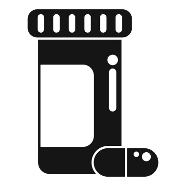 Reçeteli ilaç şişesinin siyah simgesi beyaz arka planda bir hapın yanında yatıyor.