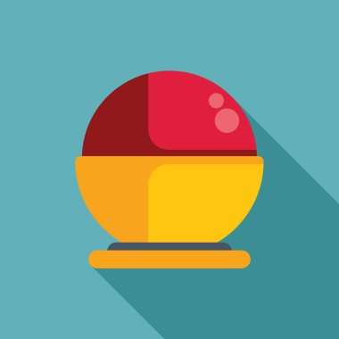 Yuvarlak dondurma kepçesi, kırmızı ve pembe tonlar sarı bir kasede yatıyor.