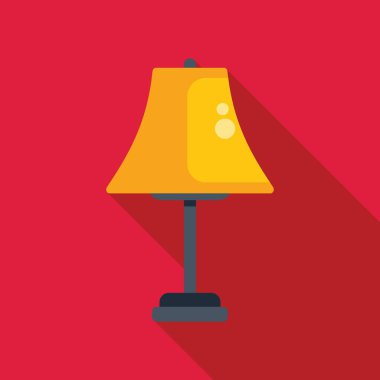 Kırmızı zemin üzerinde uzun gölgesi olan sarı elektrikli masa lambası, düz tasarım tarzında.