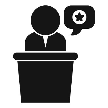 Politikacı bir konferans sırasında kürsüde siyasi bir konuşma yapıyor.