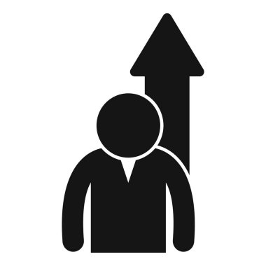 Büyüyen bir okun yanında duran bir iş adamının siyah beyaz simgesi