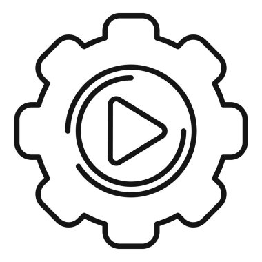 Video pazarlama otomasyonunu temsil eden bir vites içindeki bir çalma düğmesinin satır sanatı simgesi