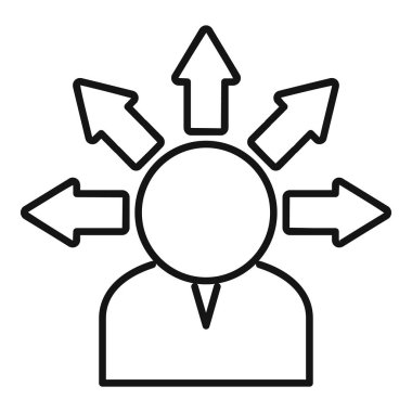 Farklı yönlere bakan okları olan, karar verme mekanizmasını temsil eden bir iş adamının çizgi simgesi