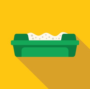 Kedi tuvaleti için kum dolu yeşil plastik çöp kutusu, hijyen konsepti.