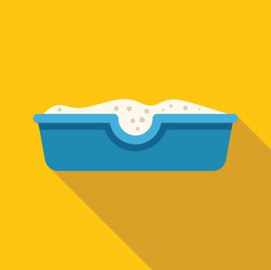 Mavi plastik çöp kutusu beyaz kedi kumu içeriyor, kedilerin rahatlaması için hijyenik alan sağlıyor.