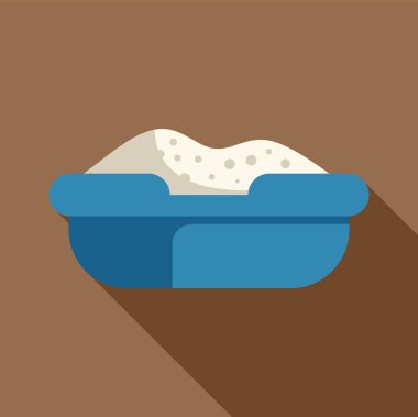 Kedi tuvaleti eğitimi için kum dolu mavi çöp kutusu, uzun gölgeli düz stil simgesi