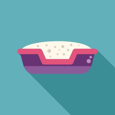 Kedi kumuyla dolu kedi kumluğu, uzun gölge tasarımı, evcil hayvan bakımı konsepti