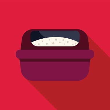 Boş ve temiz kedi kumu kutusu kırmızı arka planda oturuyor, evcil hayvanınız için hazır.