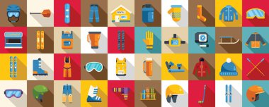 Kayak ekipmanları kiralama ikonları ayarlandı. Kış maceralarının tadını çıkarın. Kış sporları ekipmanları ve giysileri, kar maceraları için mükemmel.