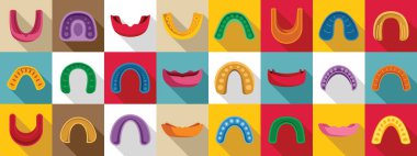 Ağız koruyucusu simgeleri ayarlandı. Çeşitli spor dallarında sporculara koruma sağlayan farklı ağız koruyucuları.