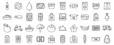 Sağlıklı yemek dağıtım simgeleri ayarlandı. Satır simgeleri, bir akıllı telefon uygulaması kullanarak çevrimiçi sipariş verme de dahil olmak üzere yiyecek dağıtım servisinin çeşitli yönlerini temsil etmektedir