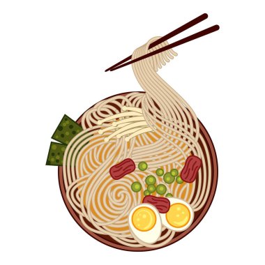 Bir kase erişteli ramen erişte, yumurta ve sebzeleri çorbayla kaldırıyor.