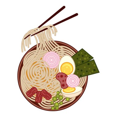 Çubuklu ramen kasesi yumurtalar, etler ve yosunlarla süslenmiş erişteleri topluyor.