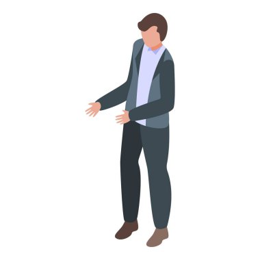 İşadamı ayakta duruyor ve sanki bir şey sunuyormuş gibi el kol hareketi yapıyor.