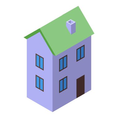 Modern mimariyi ve şehir yaşamını temsil eden yeşil çatılı iki katlı bir binanın Isometric çizimi