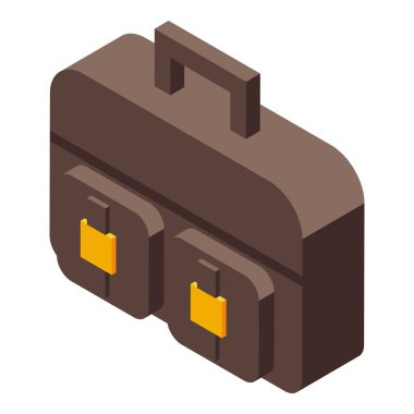 Kahverengi deri çantalı, iki cepli ve saplı, izometrik manzaralı.