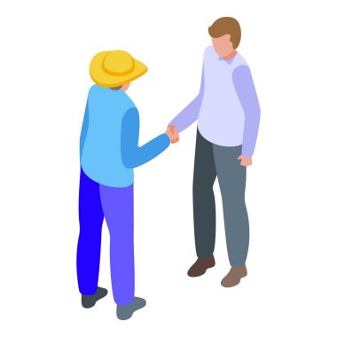 Çiftçi ve bir işadamı el sıkışıyor, muhtemelen tarım ürünleri hakkında anlaşma yapıyorlar.