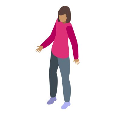 Gündelik giysiler giymiş genç bir kadın ayakta duruyor ve elleriyle işaret ediyor.