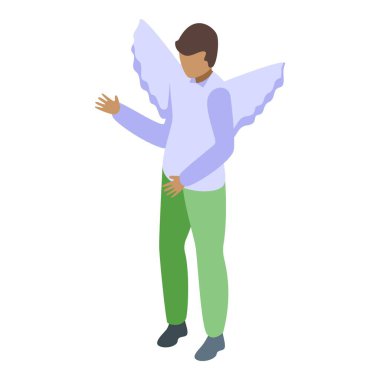 Melek kanatlı genç adam gülümsüyor ve işaret ediyor, izometrik çizim.